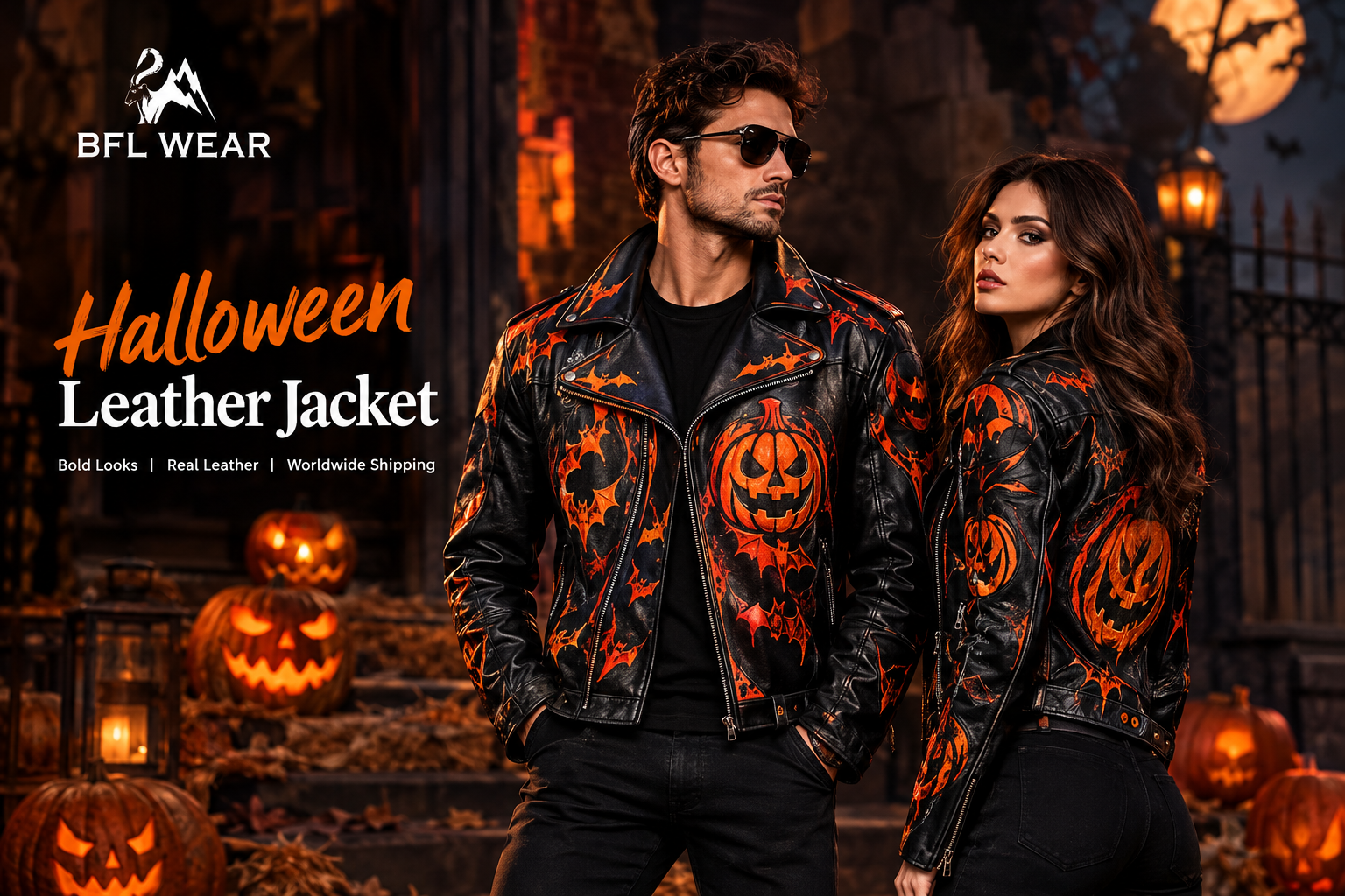 Man and woman wearing black Halloween leather jackets with orange pumpkin graphics