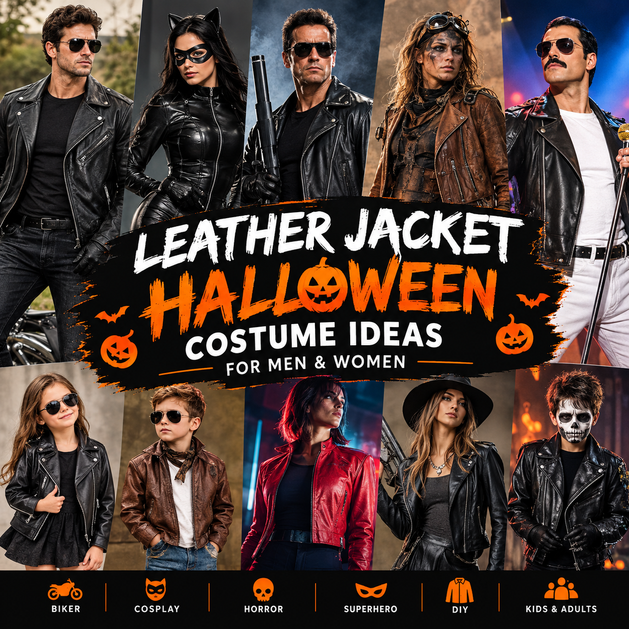 Leather jacket Halloween costume ideas for men and women with biker, horror, cosplay, and character-inspired looks