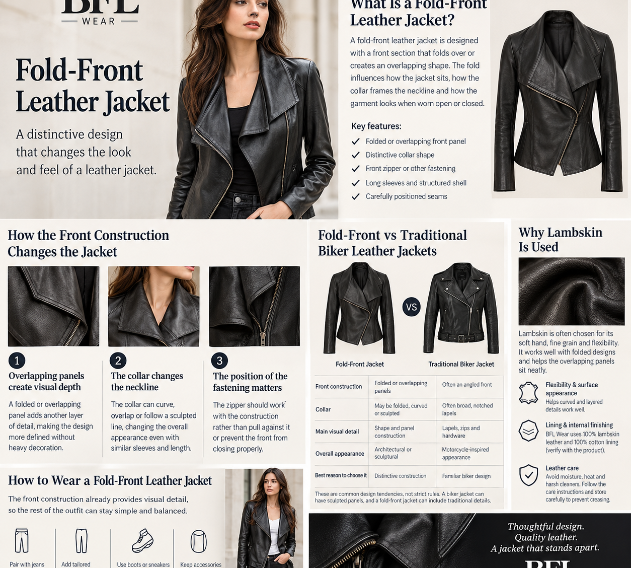 Discover how a fold-front leather jacket differs from a traditional biker design, including its panel construction, collar, lambskin material and care.