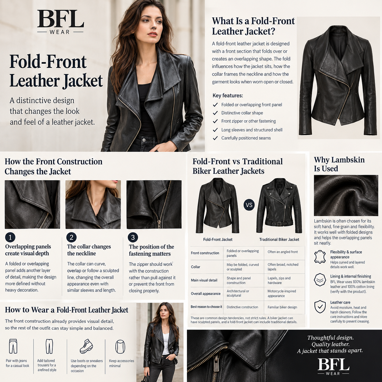Discover how a fold-front leather jacket differs from a traditional biker design, including its panel construction, collar, lambskin material and care.