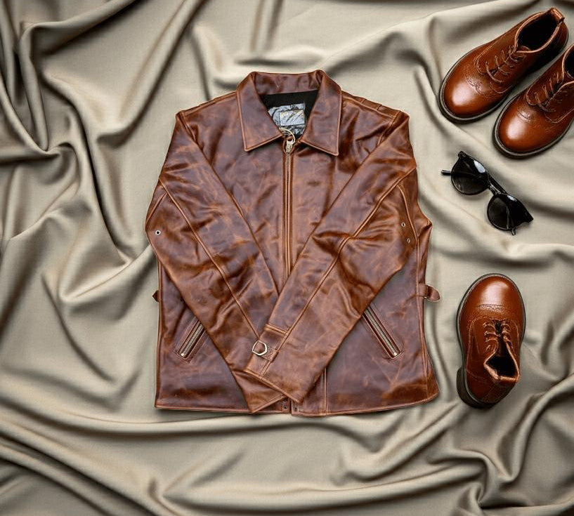 Brown vintage leather jacket styled for autumn and winter 2026 fashion.