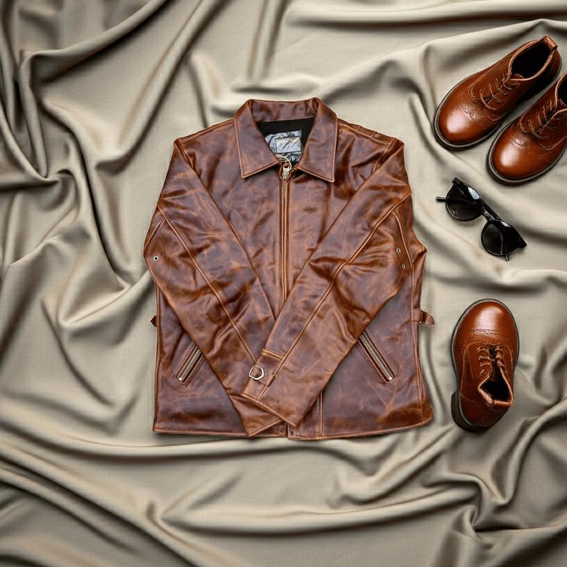 Brown vintage leather jacket styled for autumn and winter 2026 fashion.