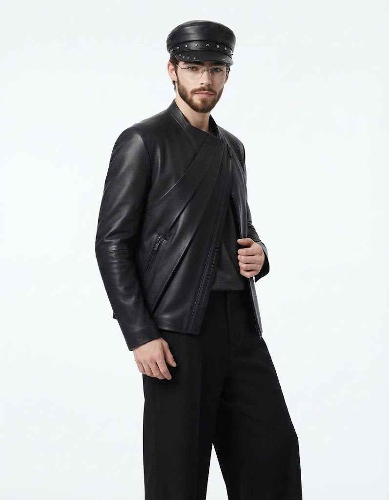Men’s Diagonal Pleat Leather Jacket | Premium Genuine Leather Jacket
