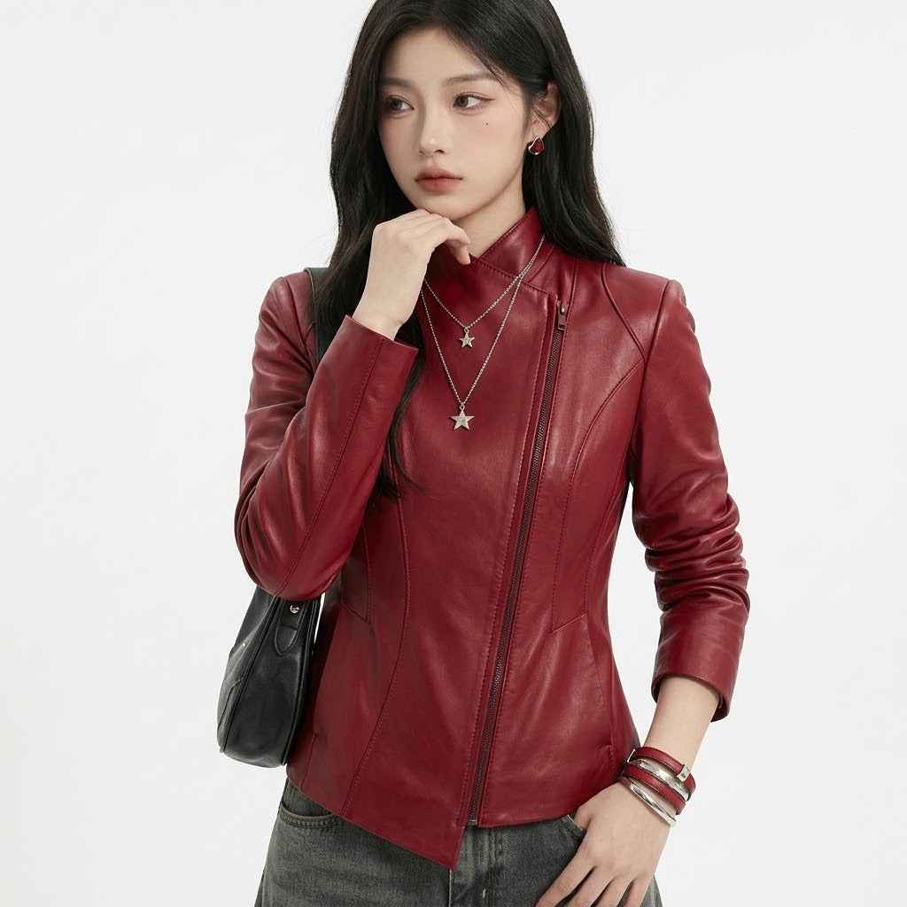 Women’s Asymmetric Sculpted Leather Jacket | Premium Biker Jacket