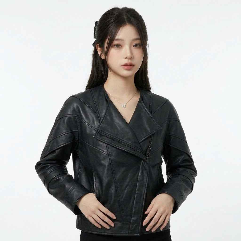Sculptural Fold-Front Leather Jacket | Women’s Stylish Premium Leather Jacket