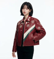Women’s Festive Christmas Leather Jacket – Premium Red Holiday Fashion Jacket