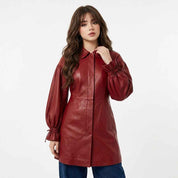 Women’s Leather Balloon-Sleeve Long Coat | Stylish Premium Leather Coat