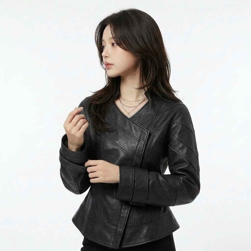 Women’s Curved Harness-Panel Leather Jacket | Stylish Premium Biker Jacket