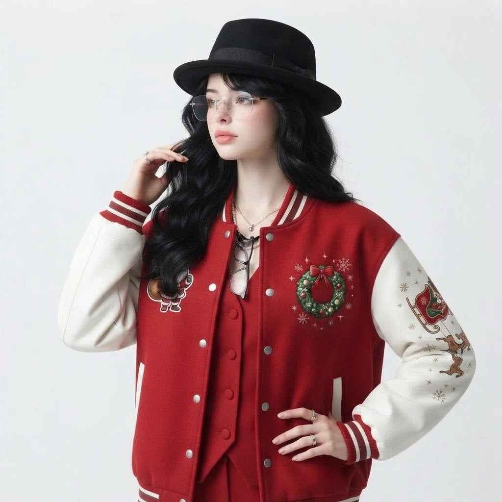 Women’s Christmas Varsity Letterman Jacket | Festive Embroidered  Bomber Jacket