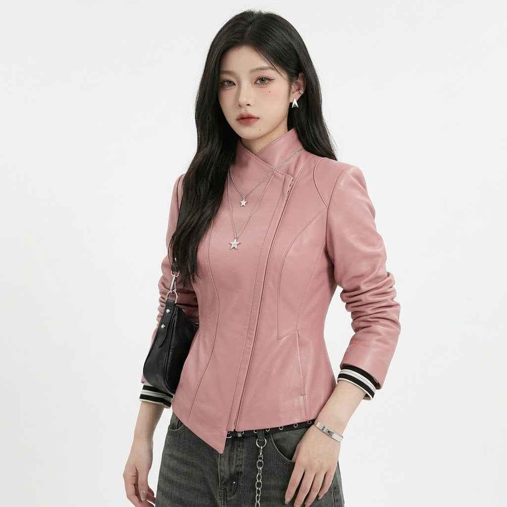 Women’s Asymmetric Sculpted Leather Jacket | Premium Biker Jacket