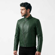 Men’s Curved Zip Racing Leather Jacket | Stylish Motorcycle Jacket