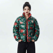 Women’s Green Christmas Printed Puffer Jacket | Festive Winter Jacket
