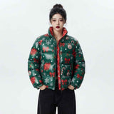 Women’s Green Christmas Printed Puffer Jacket | Festive Winter Jacket