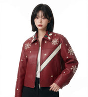 Women’s Festive Christmas Leather Jacket – Premium Red Holiday Fashion Jacket