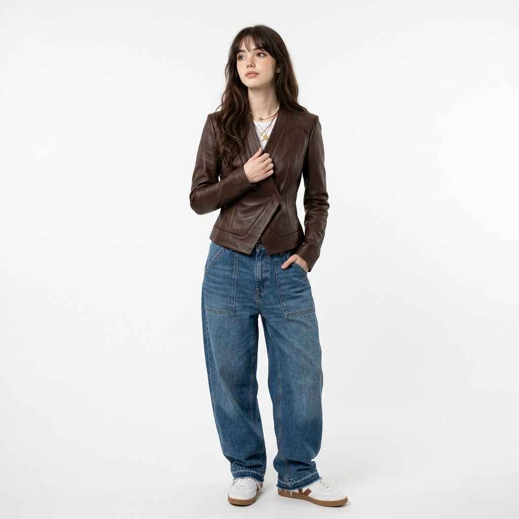 Sculpted Asymmetric Wrap Leather Jacket | Women’s Stylish Biker Jacket
