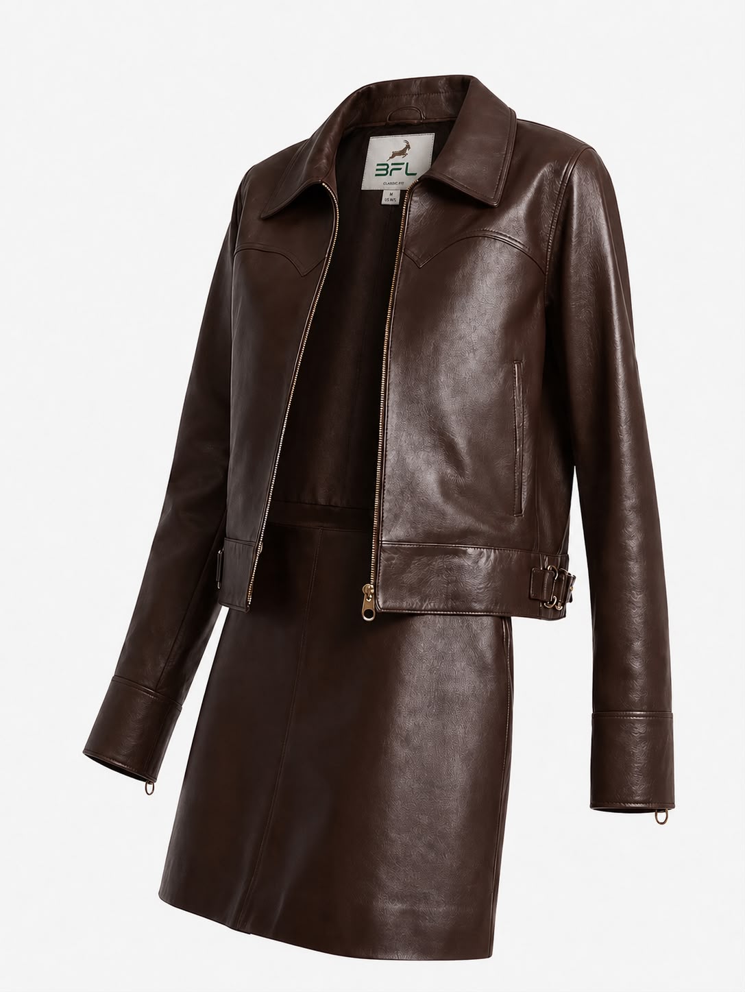Women’s Dark Brown Genuine Leather Jacket & Mini Skirt Set – Classic Cropped Zip Jacket with Matching Leather Skirt.