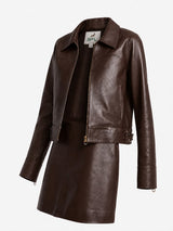 Women’s Dark Brown Genuine Leather Jacket & Mini Skirt Set – Classic Cropped Zip Jacket with Matching Leather Skirt.
