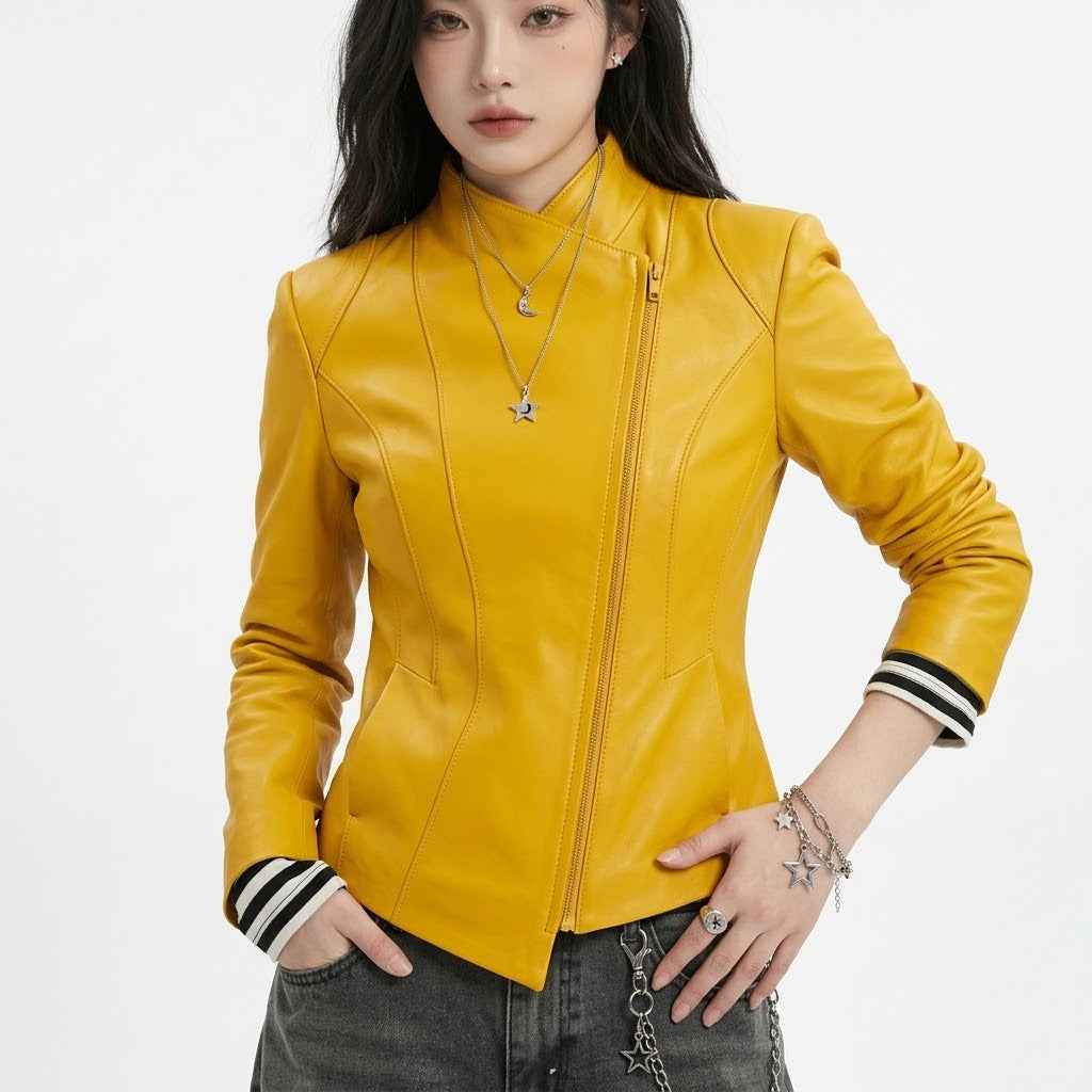 Women’s Asymmetric Sculpted Leather Jacket | Premium Biker Jacket