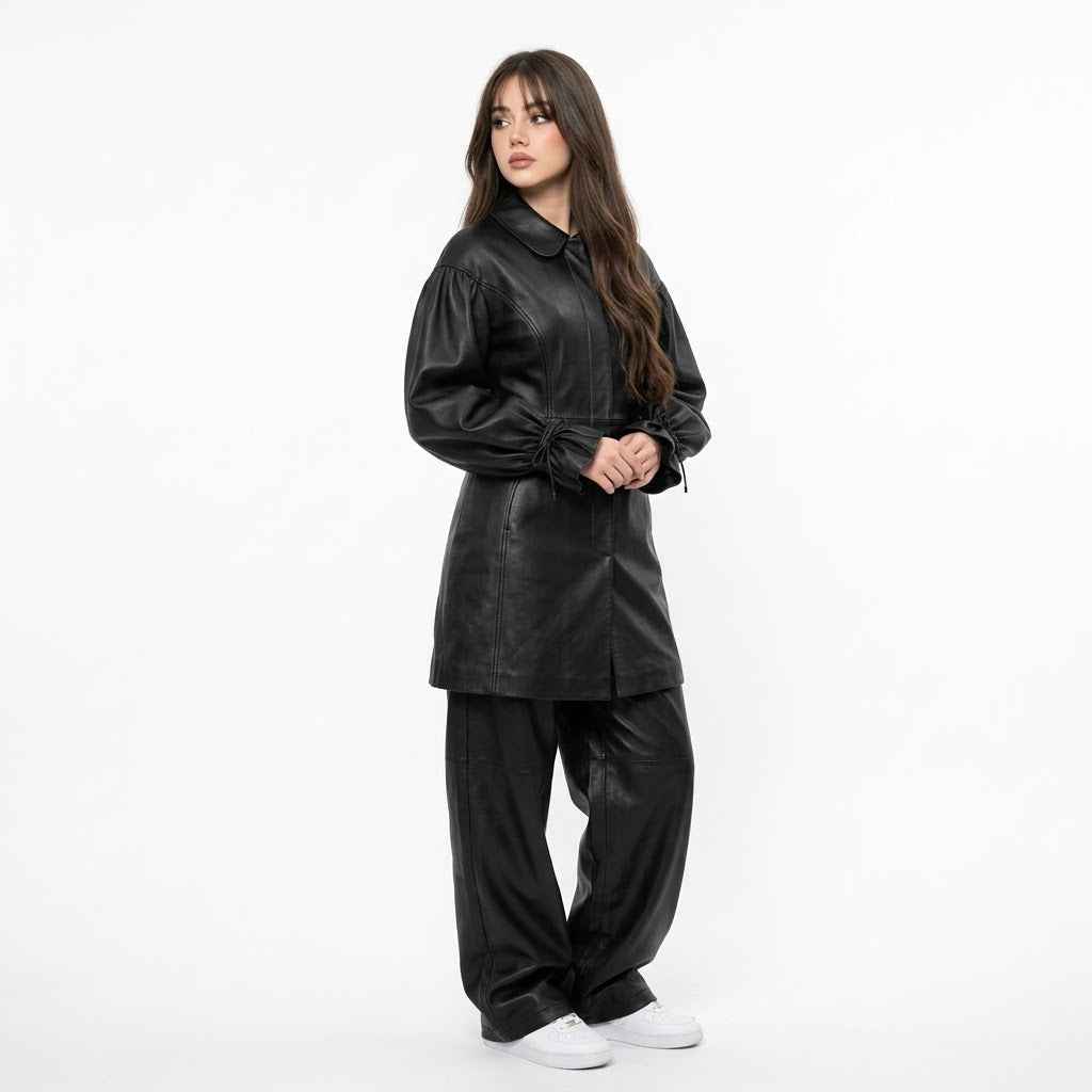 Women’s Leather Balloon-Sleeve Long Coat | Stylish Premium Leather Coat