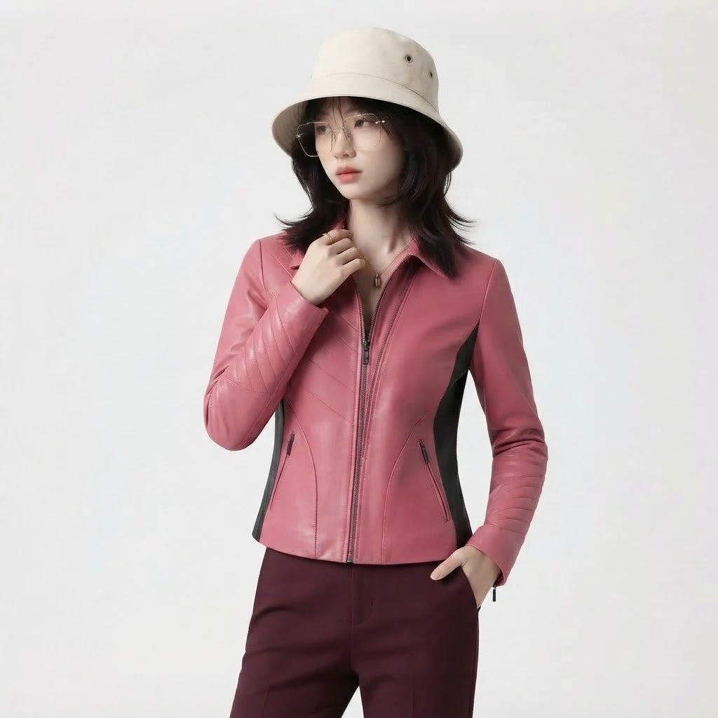 Women’s Diagonal Pleat Leather Jacket | Premium Genuine Leather