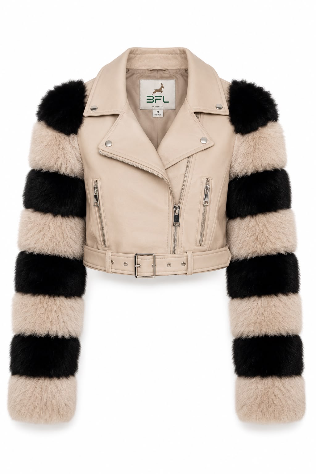 BFL Kensington Women’s Genuine Sheep Leather Moto Jacket – Premium Belted Cropped Leather Jacket with Faux Fur Sleeves