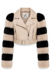 BFL Kensington Women’s Genuine Sheep Leather Moto Jacket – Premium Belted Cropped Leather Jacket with Faux Fur Sleeves