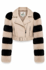 BFL Kensington Women’s Genuine Sheep Leather Moto Jacket – Premium Belted Cropped Leather Jacket with Faux Fur Sleeves