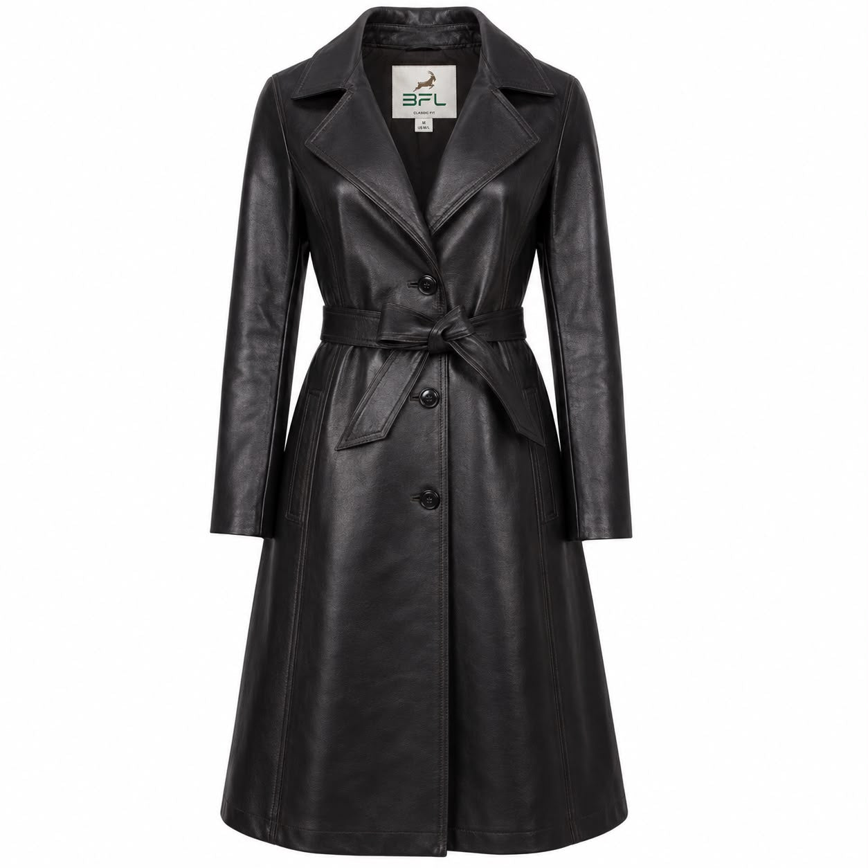 BFL Madison Women’s Premium Black Leather Trench Coat – Tailored Belted Overcoat