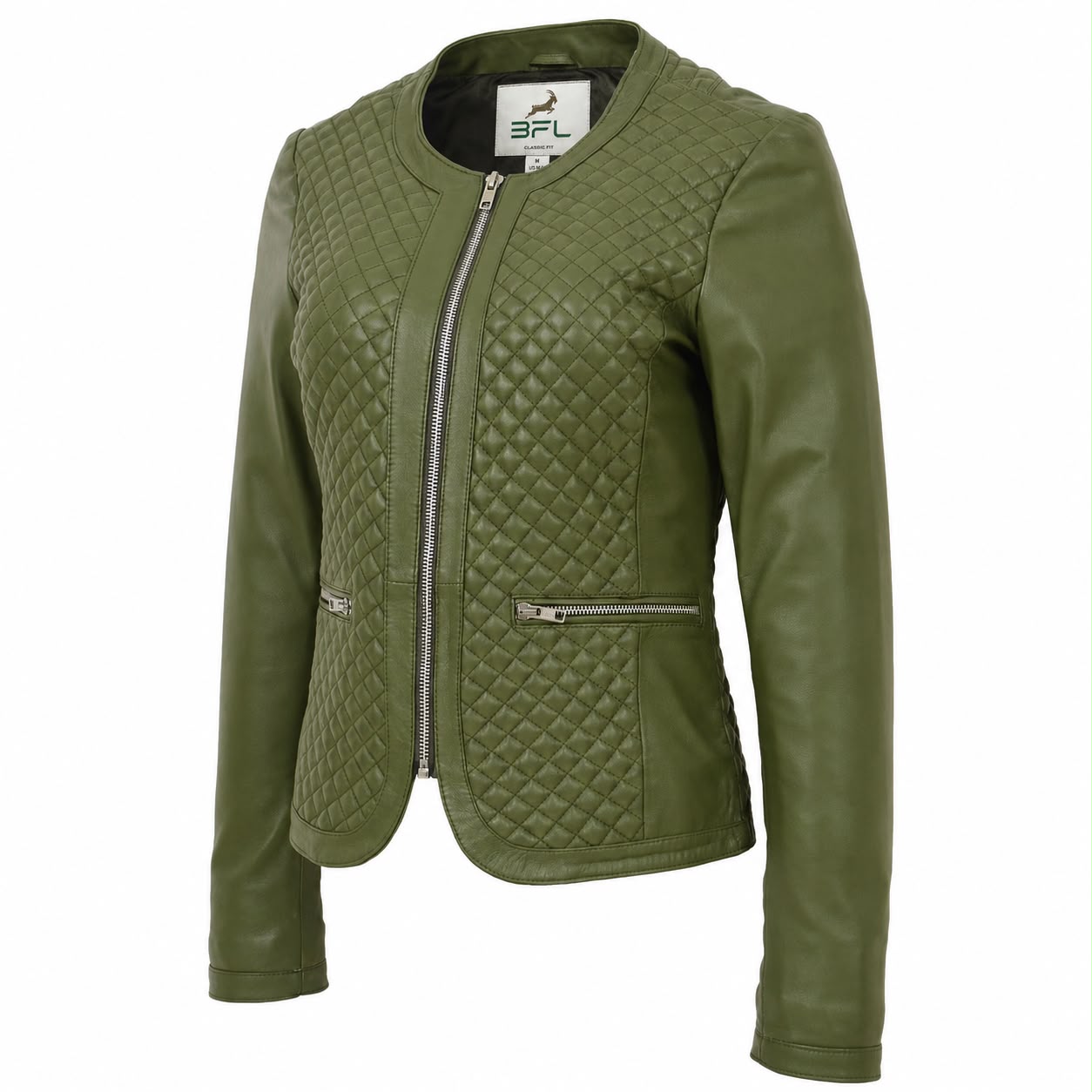 BFL Women’s Olive Green Quilted Faux Leather Jacket – Lightweight Zip-Up Moto Jacket
