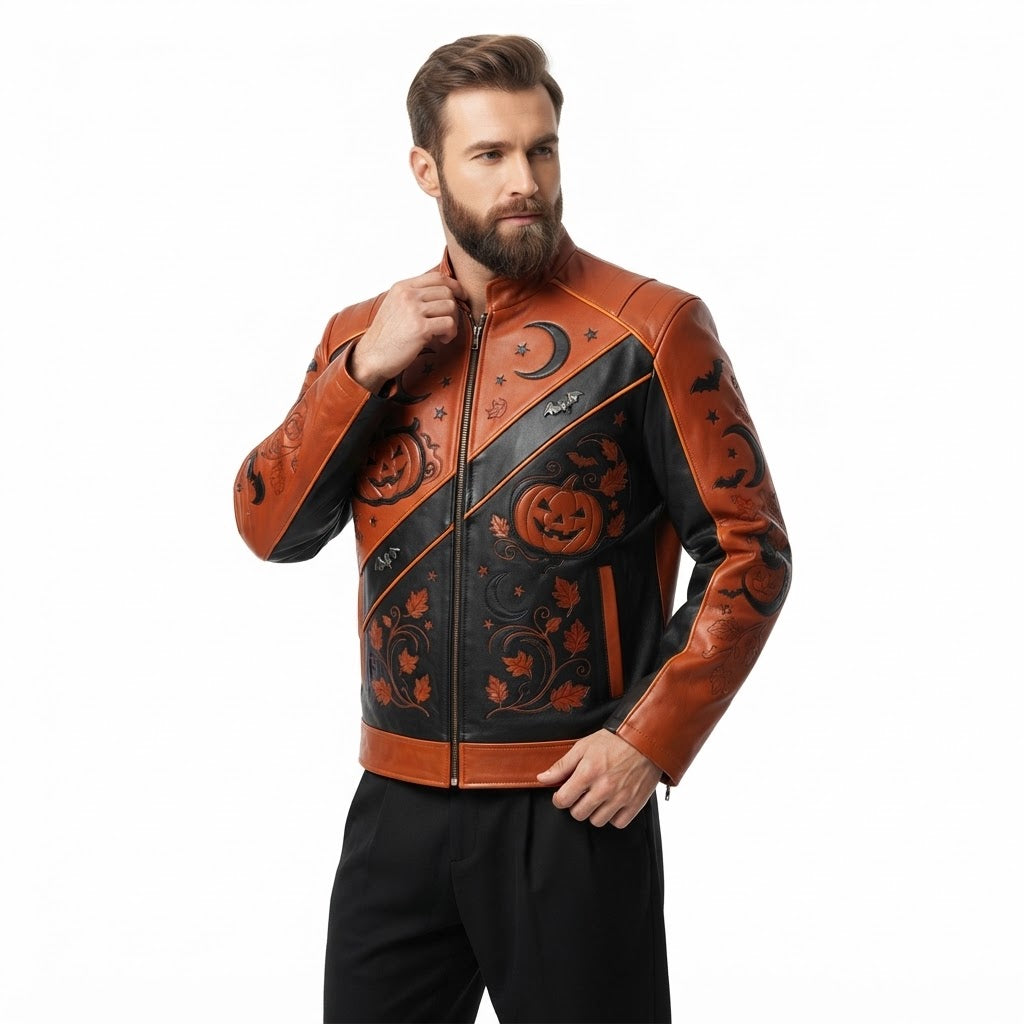 Men’s Festive Halloween Leather Jacket – Premium Pumpkin & Bat Fashion Jacket