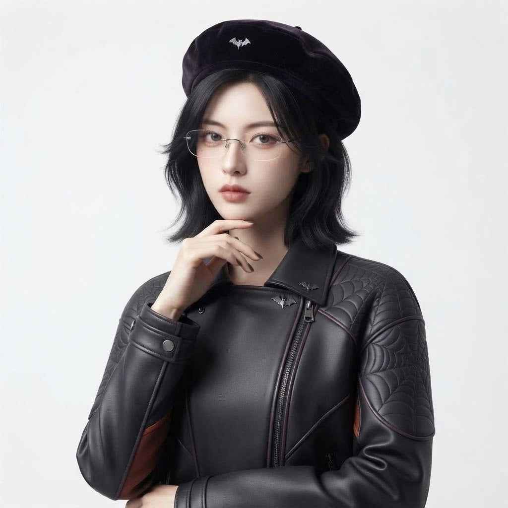 Women’s Spooky Season Leather Jacket | Spiderweb & Bat Detail Fashion Jacket