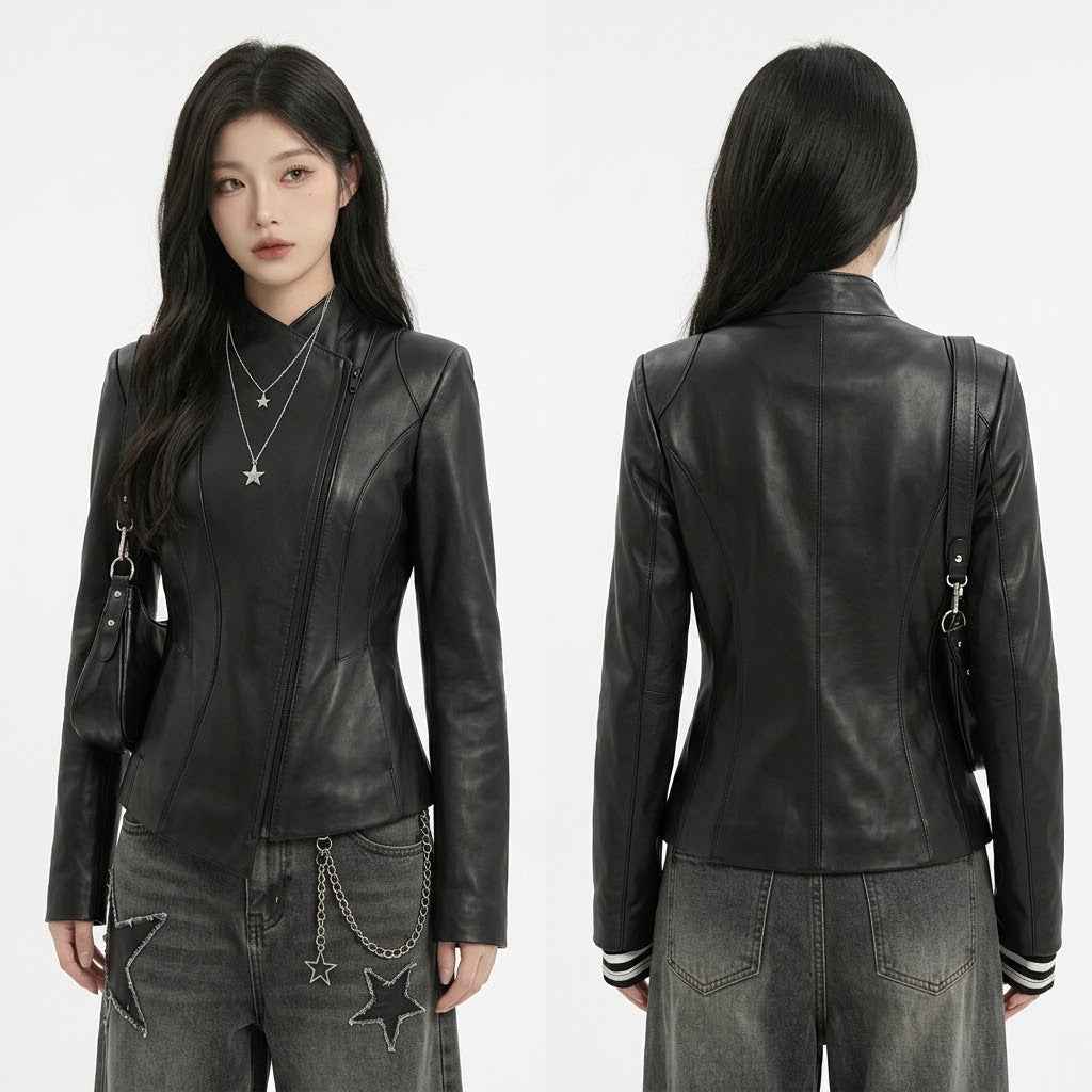 Women’s Asymmetric Sculpted Leather Jacket | Premium Biker Jacket