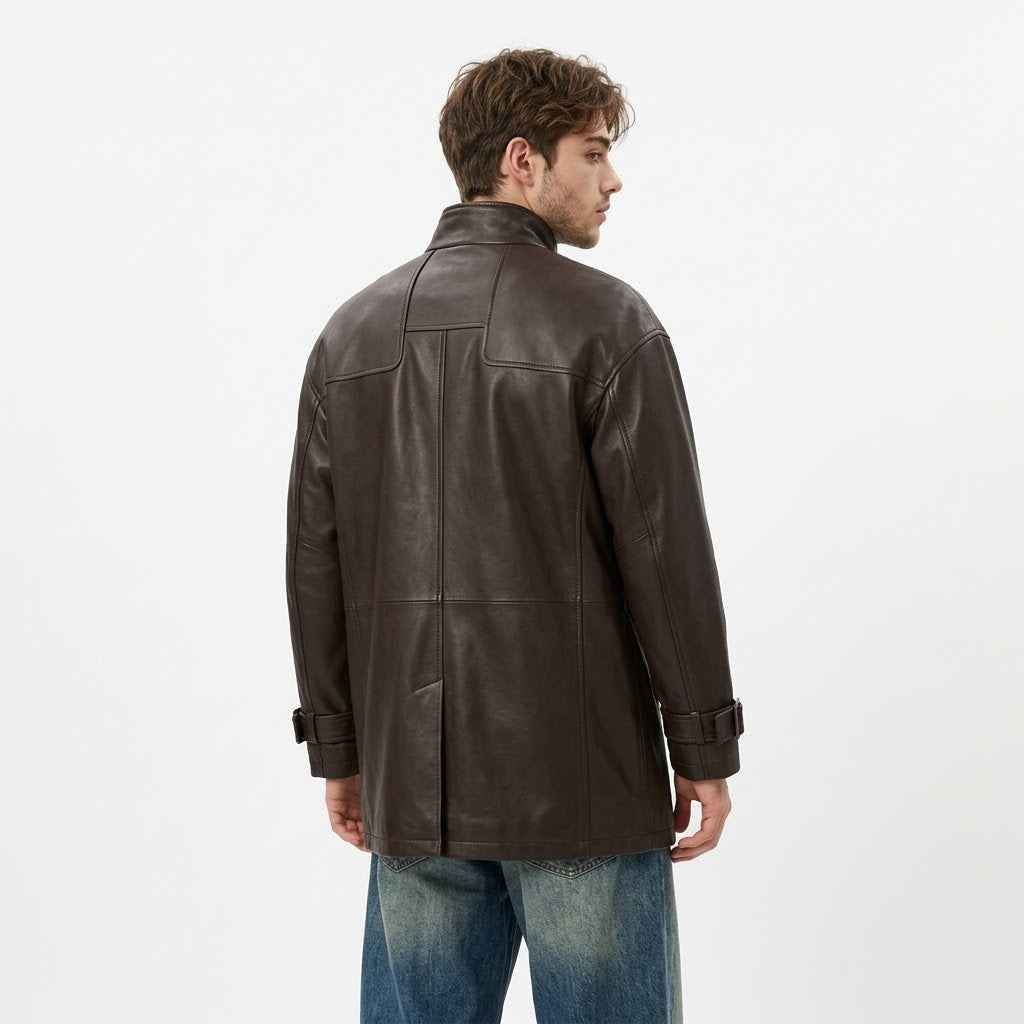 Men’s Leather Car Coat with Extended Shoulder Yoke | Premium Leather Coat