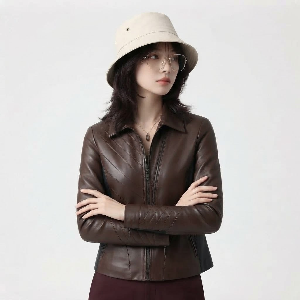 Women’s Diagonal Pleat Leather Jacket | Premium Genuine Leather