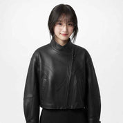 Women’s Cropped Asymmetric Leather Jacket | Premium Lambskin Moto Biker Jacket