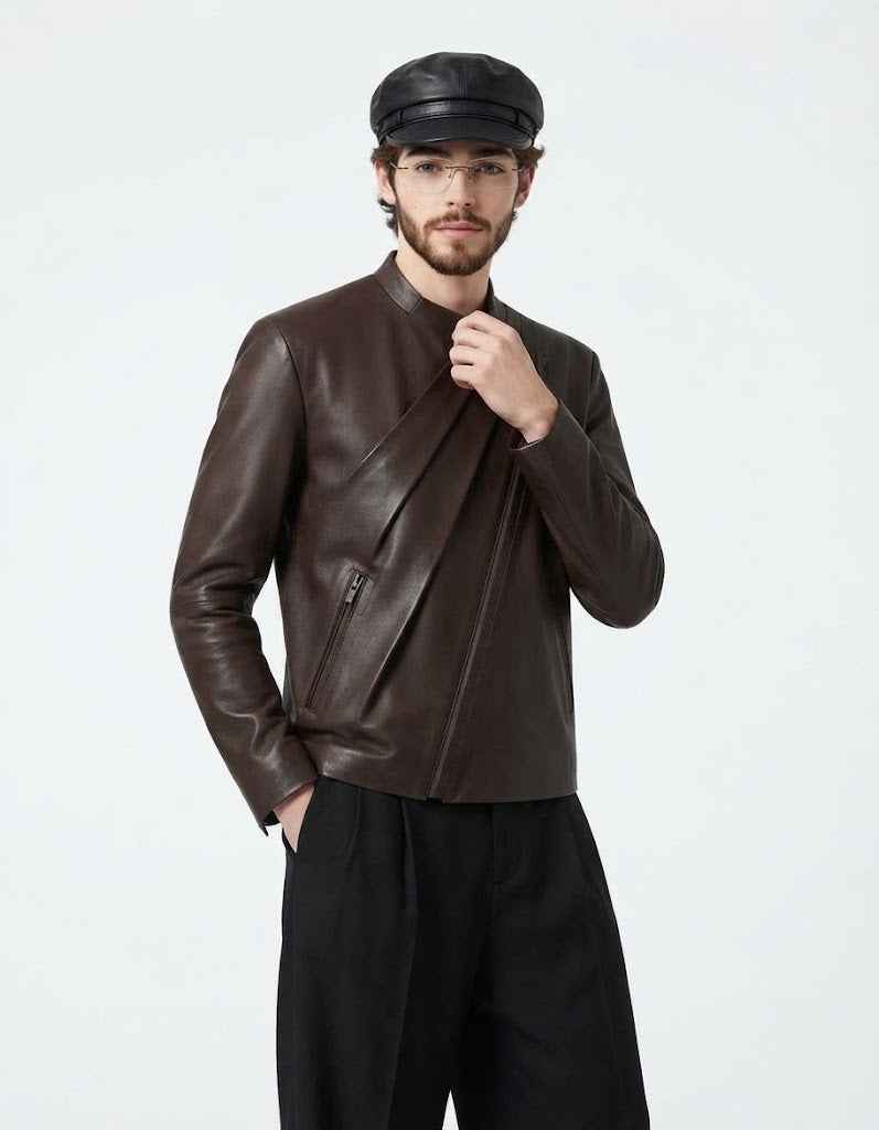 Men’s Diagonal Pleat Leather Jacket | Premium Genuine Leather Jacket