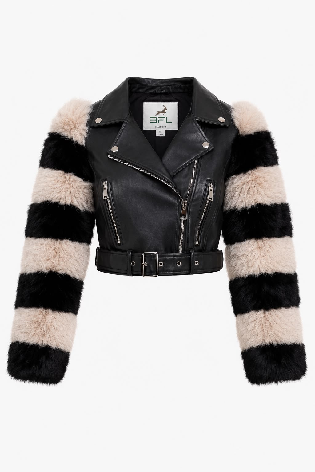 BFL Kensington Women’s Genuine Sheep Leather Moto Jacket – Premium Belted Cropped Leather Jacket with Faux Fur Sleeves