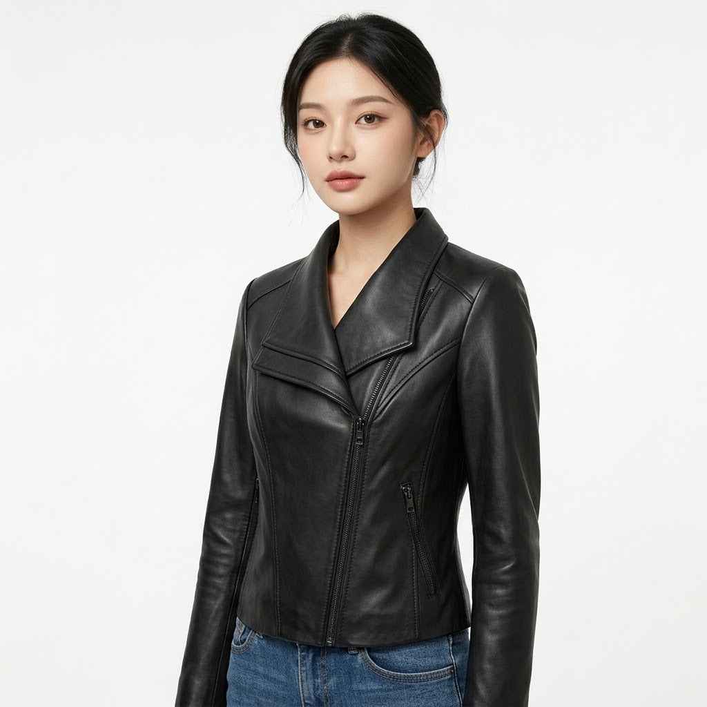 Women’s Sculpted Asymmetric Leather Jacket | Stylish Premium Biker Jacket