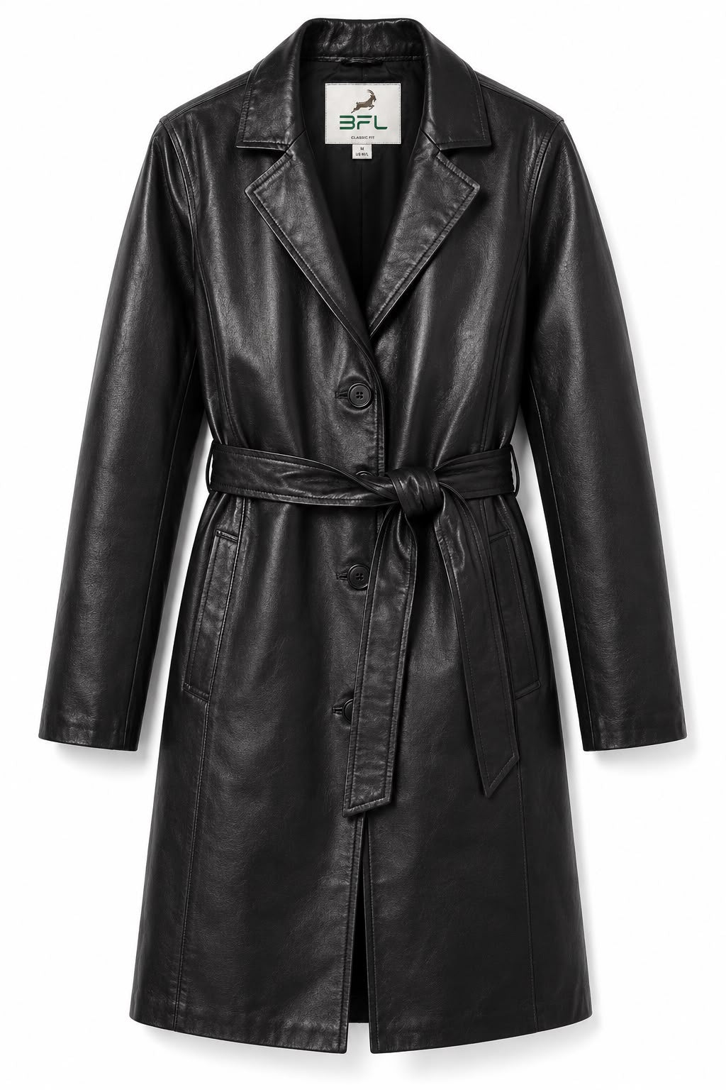 Women’s Black Genuine Leather Trench Coat – Belted Long Leather Overcoat, Classic Tailored Winter Jacket, Premium Soft Leather Coat
