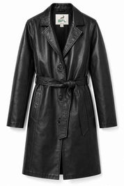 BFL Women’s Black Genuine Leather Trench Coat – Belted Long Overcoat