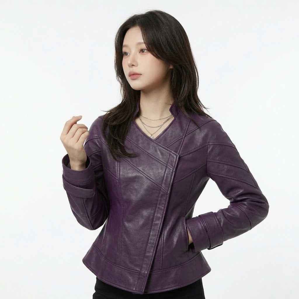 Women’s Curved Harness-Panel Leather Jacket | Stylish Premium Biker Jacket