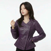 Women’s Curved Harness-Panel Leather Jacket | Stylish Premium Biker Jacket