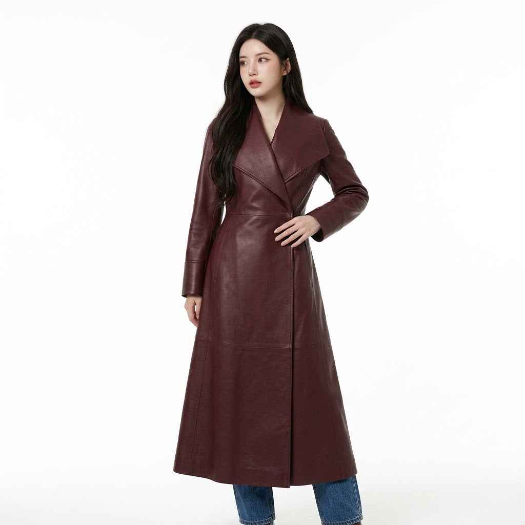 Women’s Leather Wrap-Collar Maxi Coat | Stylish Premium Leather Coat