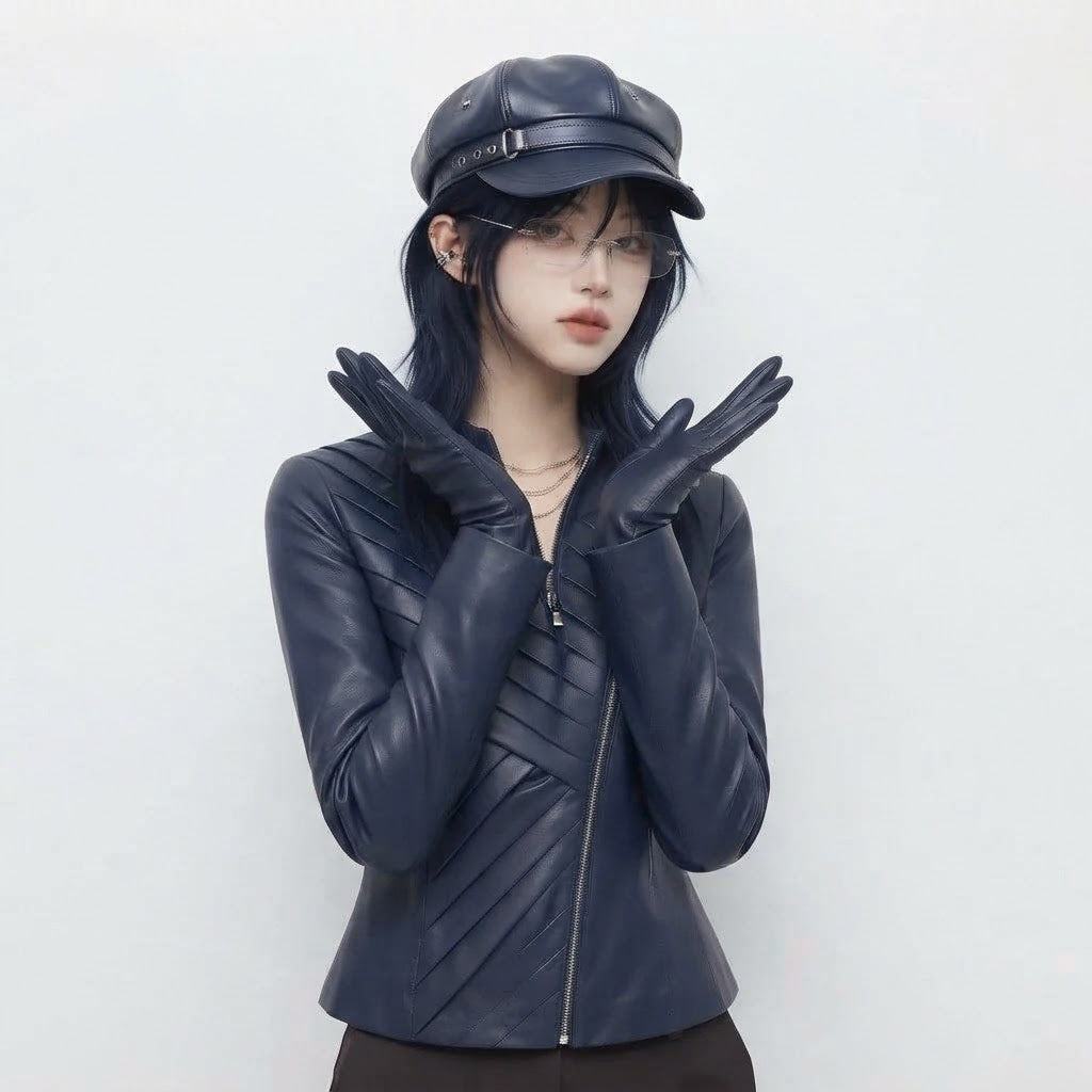 Women’s Diagonal Pleat Leather Jacket | Premium Genuine Leather