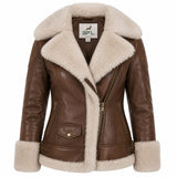 Women’s Genuine Sheep Leather Shearling Jacket | Brown Fur Lined Aviator Leather Coat | Luxury Winter Outerwear