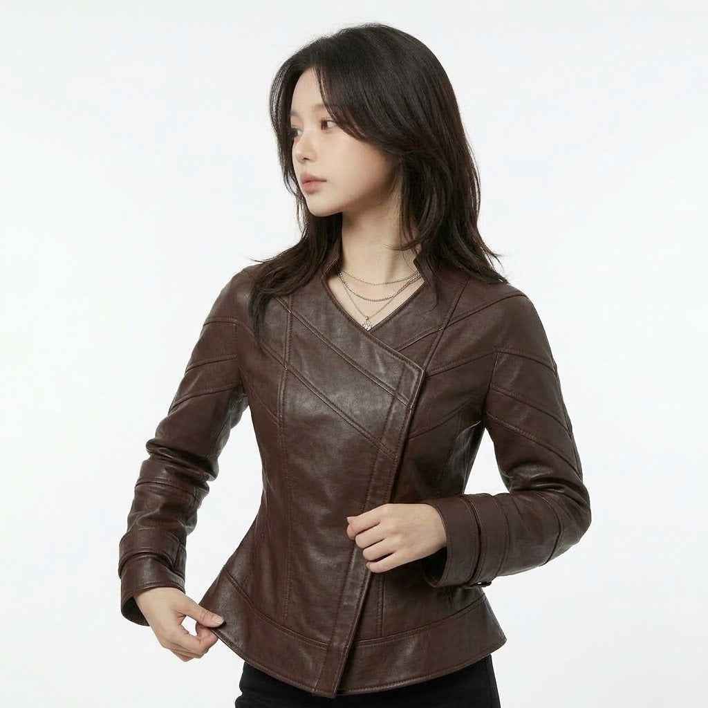 Women’s Curved Harness-Panel Leather Jacket | Stylish Premium Biker Jacket