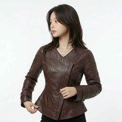 Women’s Curved Harness-Panel Leather Jacket | Stylish Premium Biker Jacket
