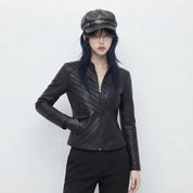 Women’s Diagonal Pleat Leather Jacket | Premium Genuine Leather
