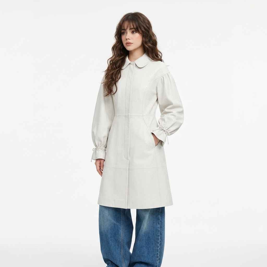 Women’s Leather Balloon-Sleeve Long Coat | Stylish Premium Leather Coat