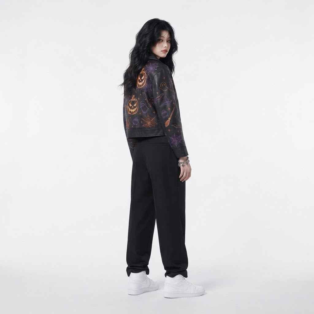 Women’s Halloween Embroidered Leather Jacket